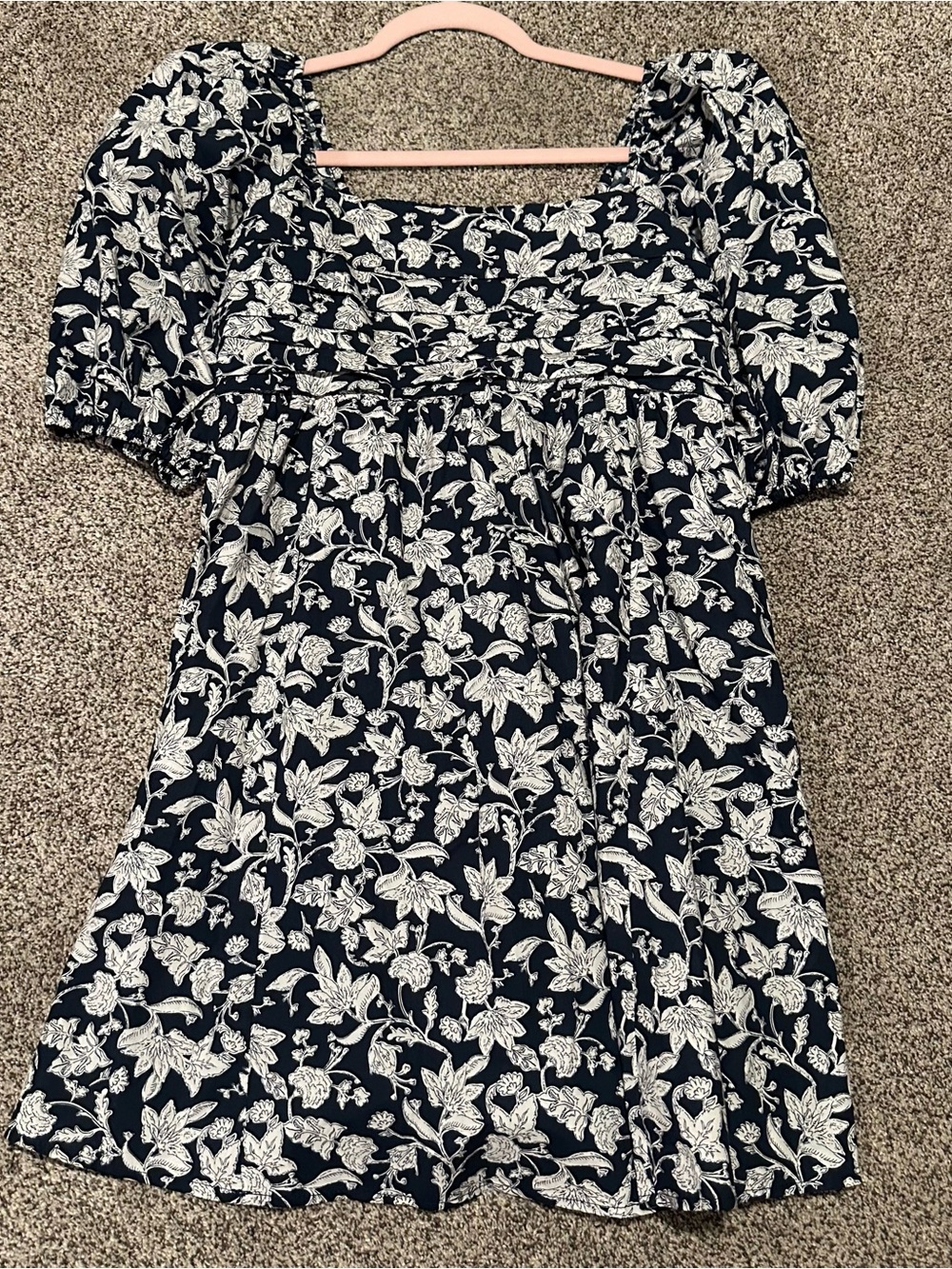 Navy Floral Puff Sleeve Babydoll Dress